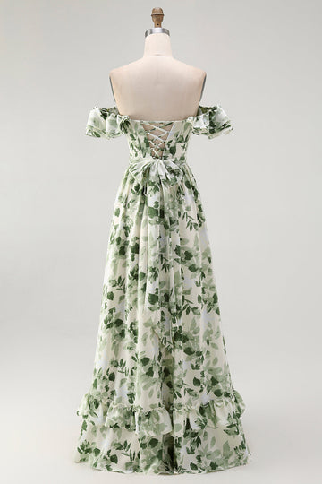 Green Floral A Line Off The Shoulder Ruffled Bridesmaid Dress